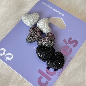New Claire's Glitter Heart Stud Earrings, Silver, Black, Gray Girls Accessories